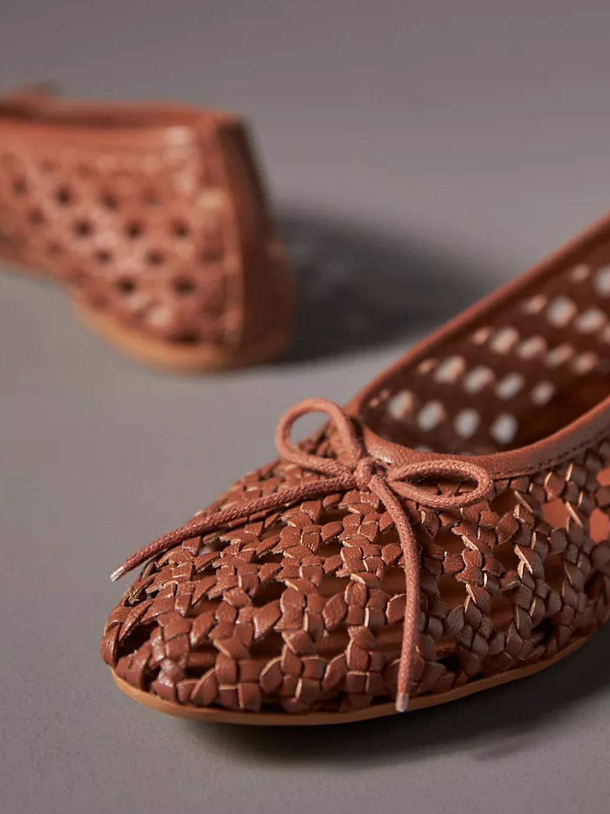 Rusty Brown Boho Woven Hollow-Out Ballet Flats With Dainty Bow