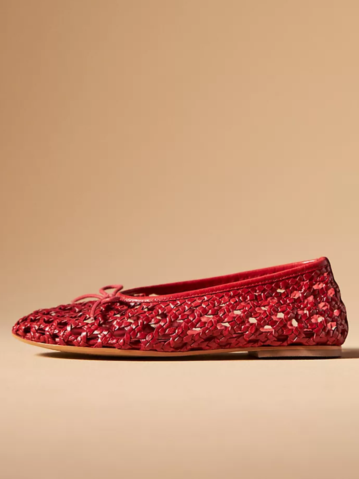 Red Boho Woven Hollow-Out Ballet Flats With Dainty Bow