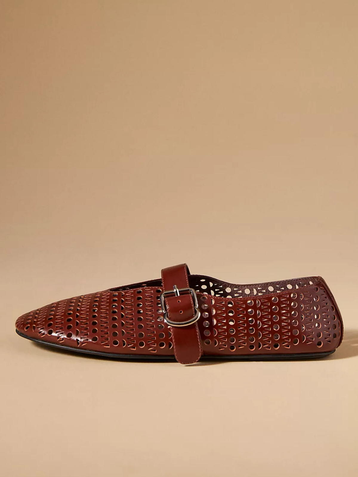 Maroon Perforated Flats Cutout Mary Janes With Buckled Strap