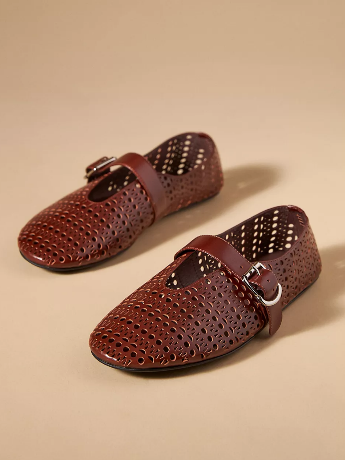 Maroon Perforated Flats Cutout Mary Janes With Buckled Strap