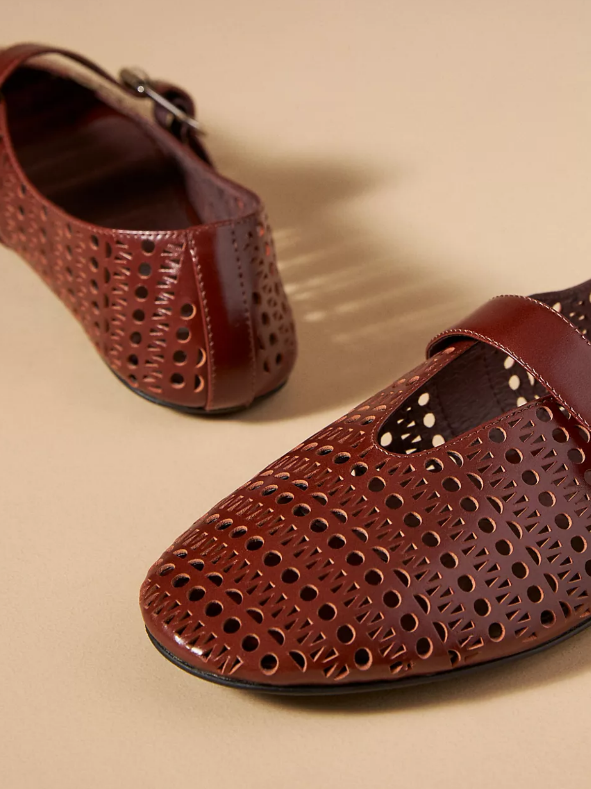 Maroon Perforated Flats Cutout Mary Janes With Buckled Strap