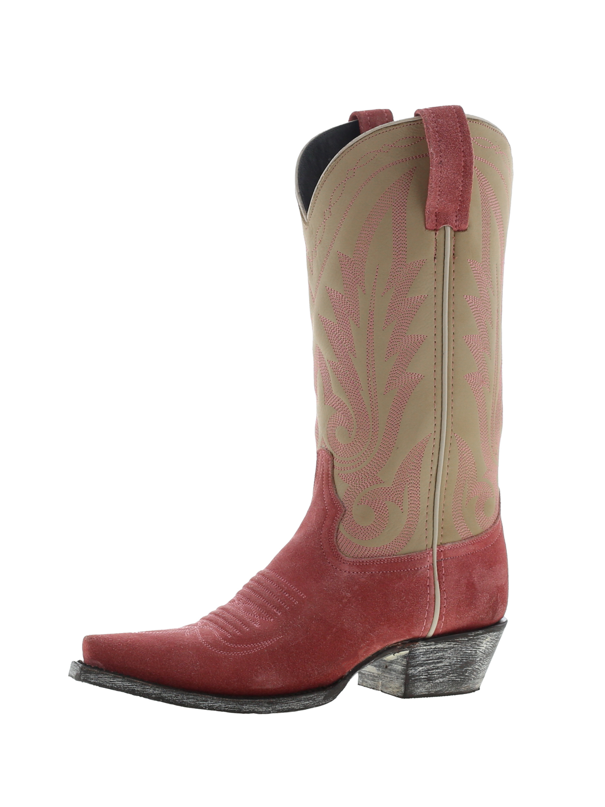 Contrast Beige And Pink Faux Suede Snip-Toe Leaf Embroidery Wide Mid Calf Tall Cowgirl Boots