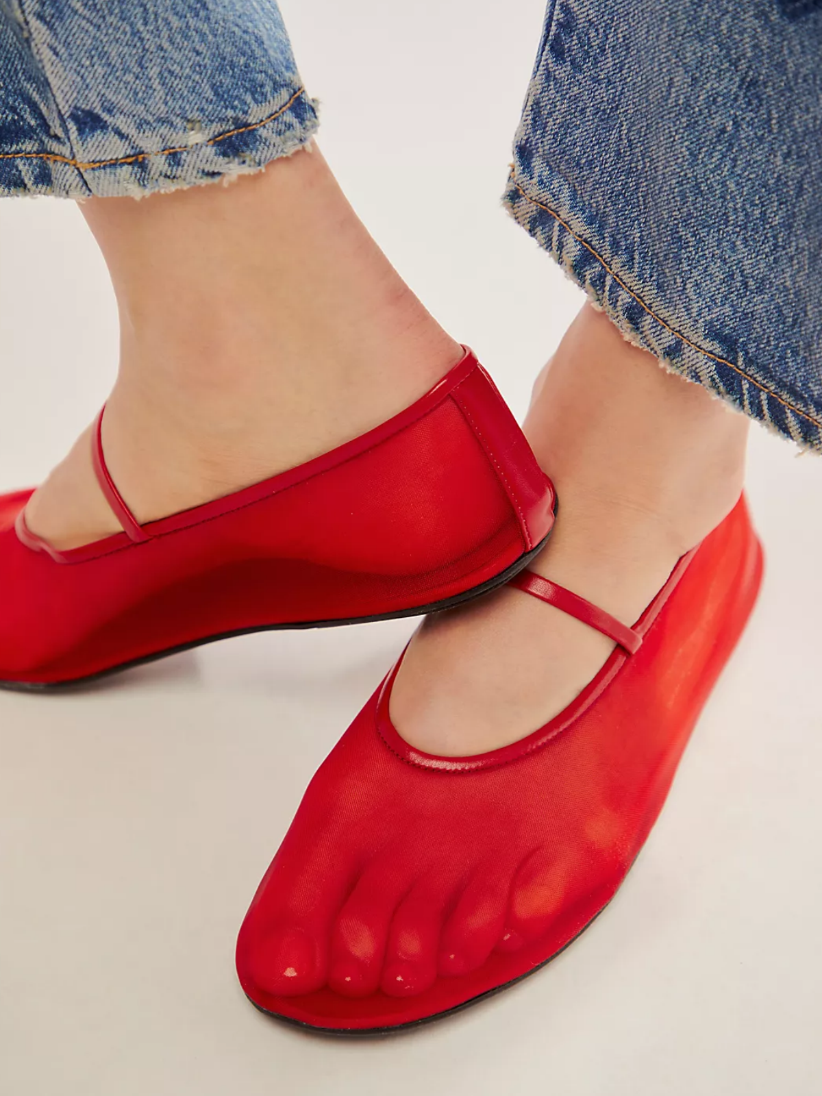 Red Semi-Transparent Mesh Ballet Flats Mary Janes