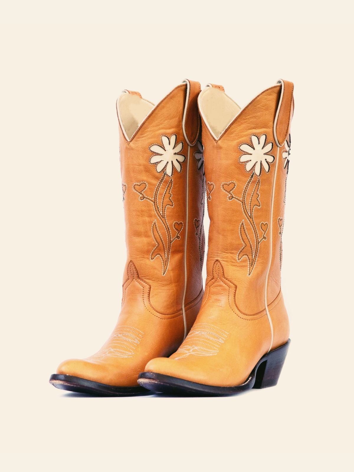 Earth Yellow Almond-Toe Wide Calf Western Cowgirl Boots With White Daisy Flower Inlay