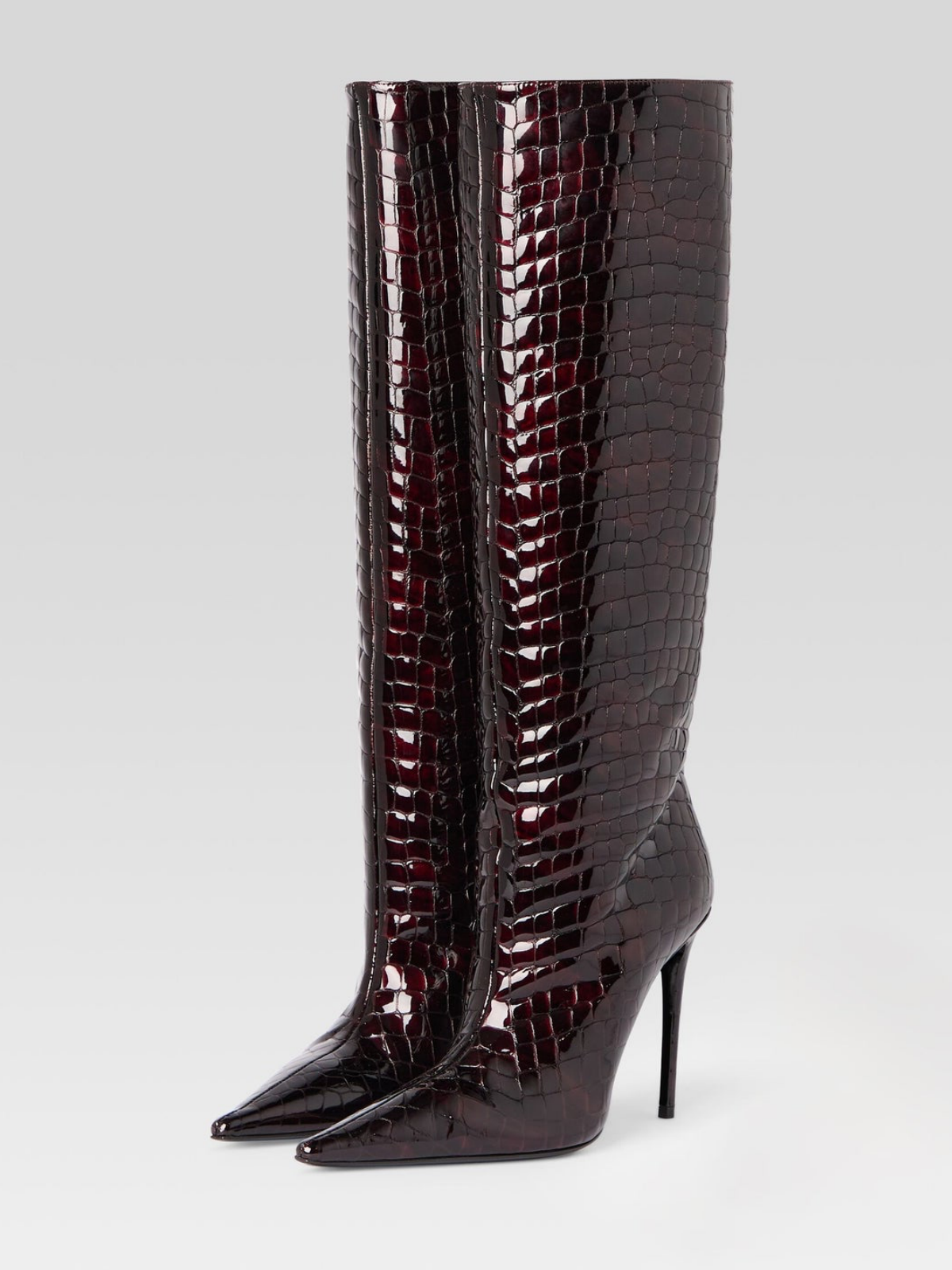 Patent Burgundy Crocodile Print Wide Calf Tall Knee High Boots