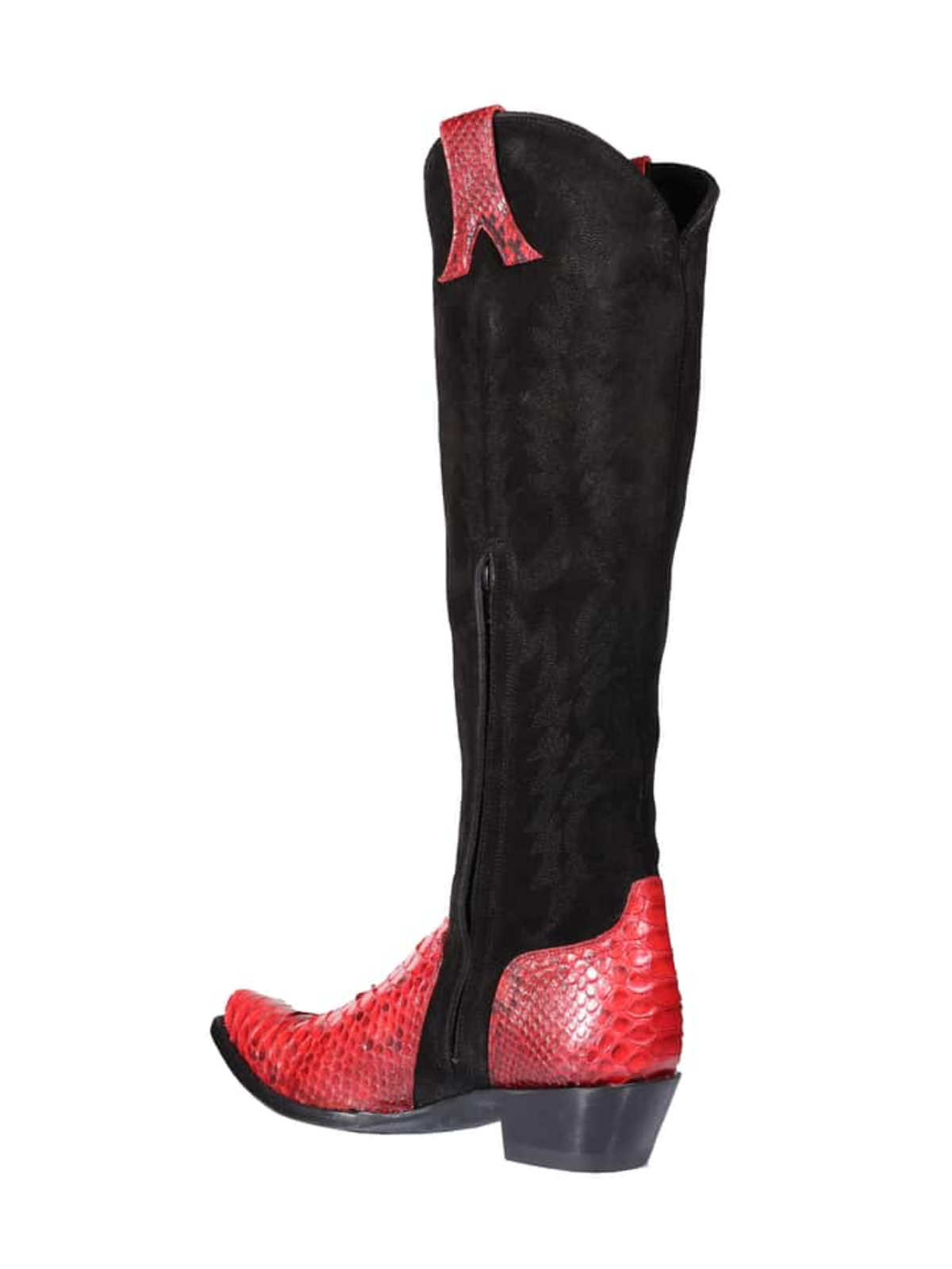 Contrast Black Faux Suede And Red Snakeskin Snip-Toe Embroidery Half-Zip Knee High Cowgirl Boots