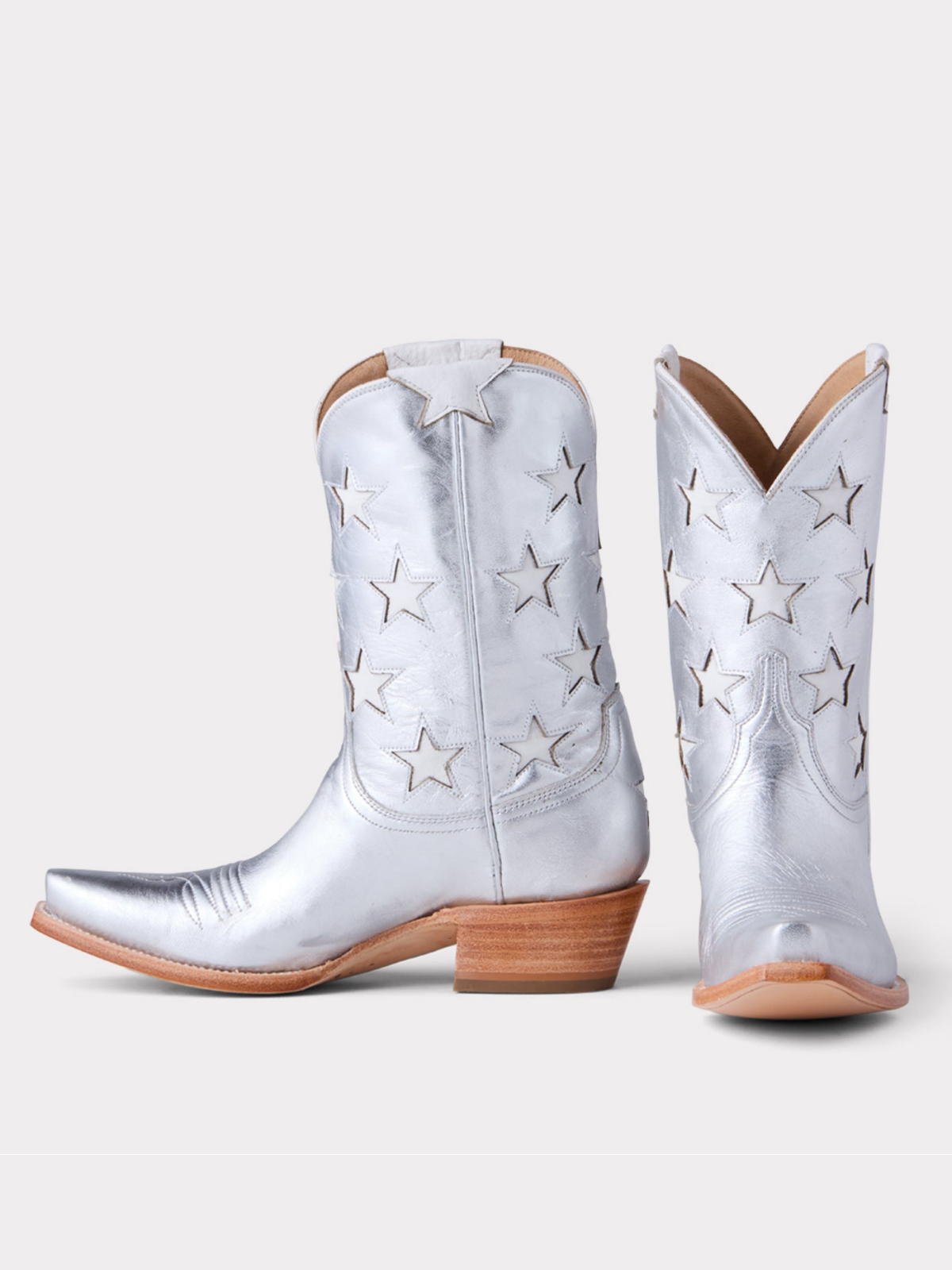 Metallic Star Inlays Snip-Toe Wide Mid Calf Western Boots For Women - Silver