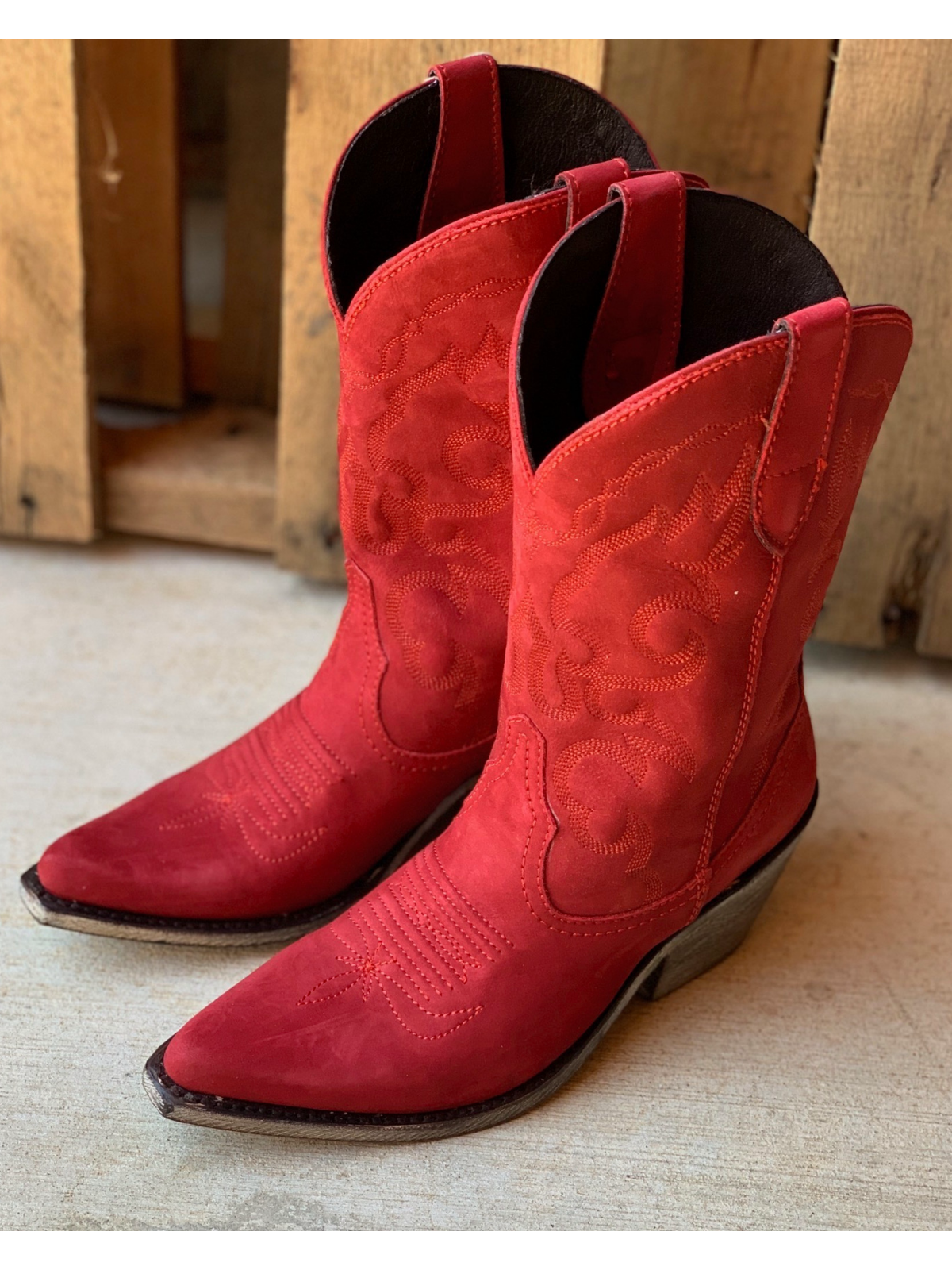 Red Faux Suede Snip-Toe Embroidery Wide Mid Calf Cowgirl Boots