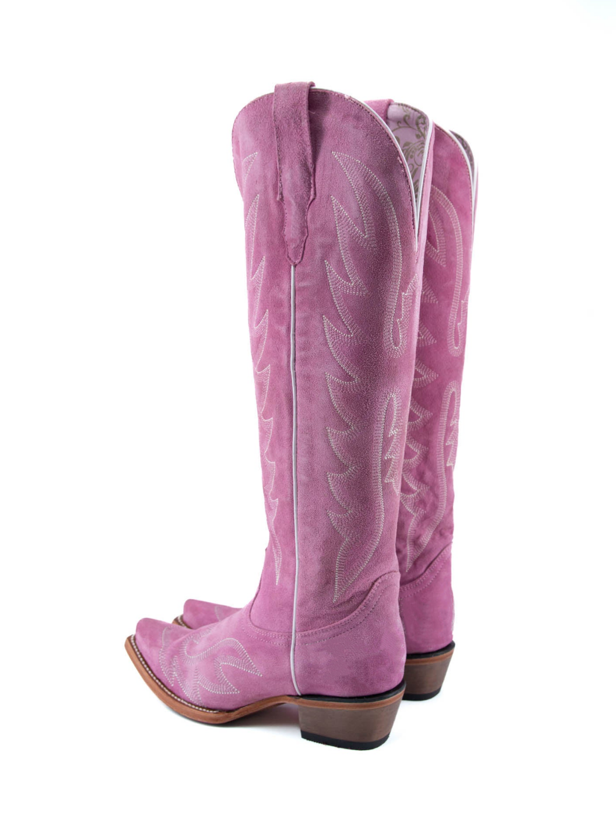 Pink Faux Suede Embroidery Snip-Toe Half-Zip Cowgirl Knee High Tall Boots