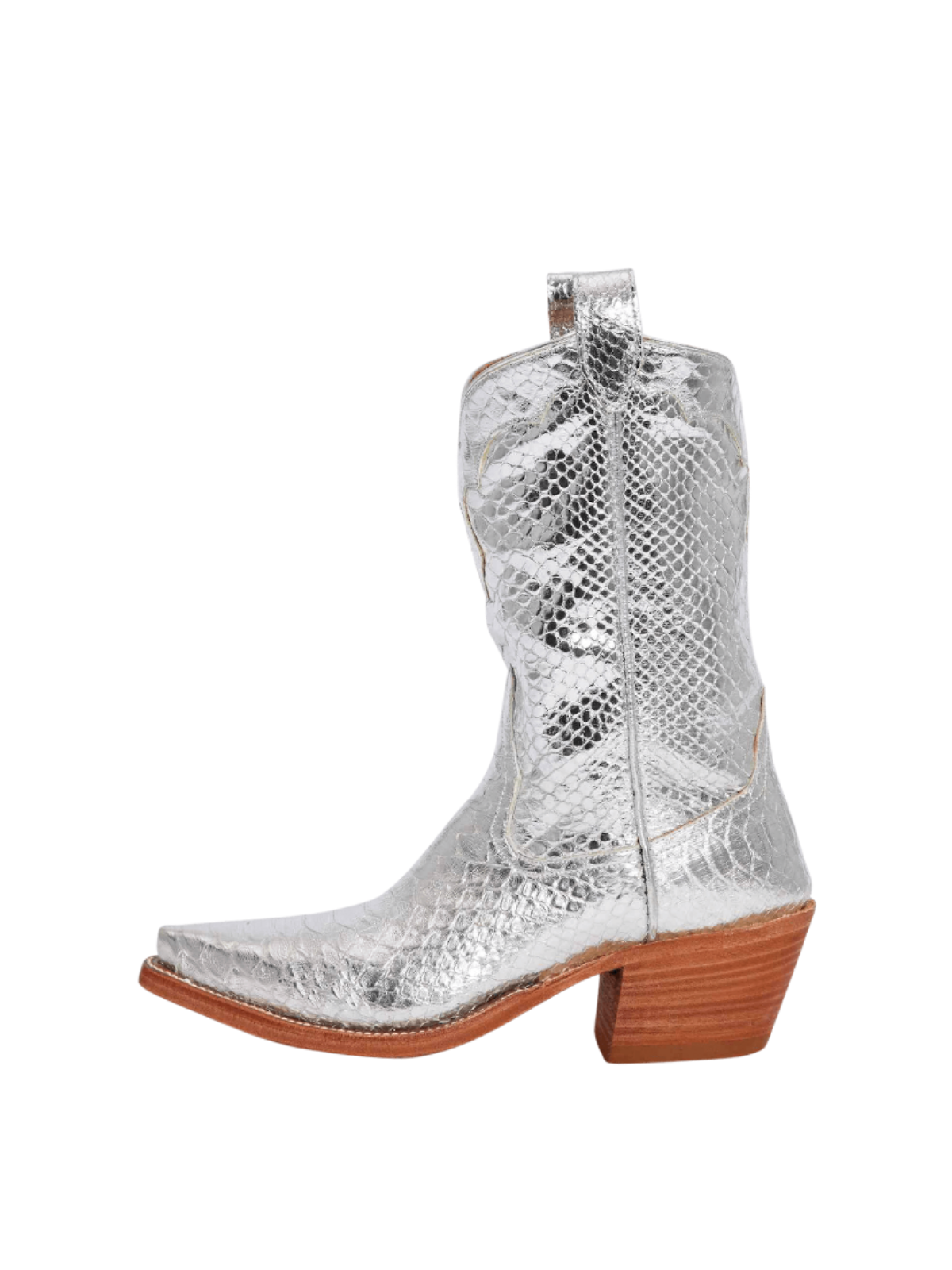 Snip-Toe Wide Mid Calf Cowgirl Boots - Metallic Silver Snakeskin Vegan Leather