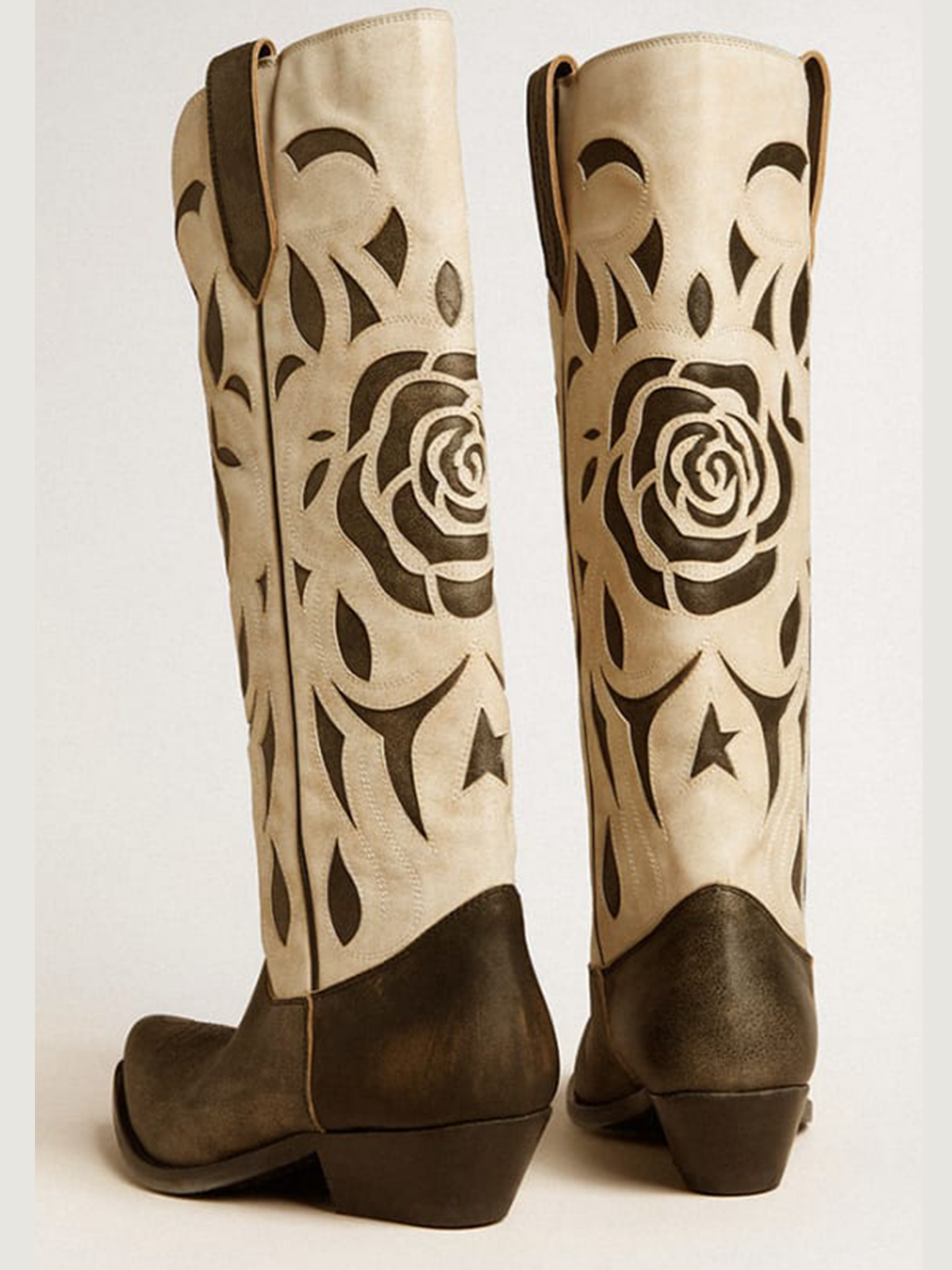 Contrast Brown And Bone Snip-Toe Rose Inlay Embroidery Wide Mid Calf Cowgirl Boots