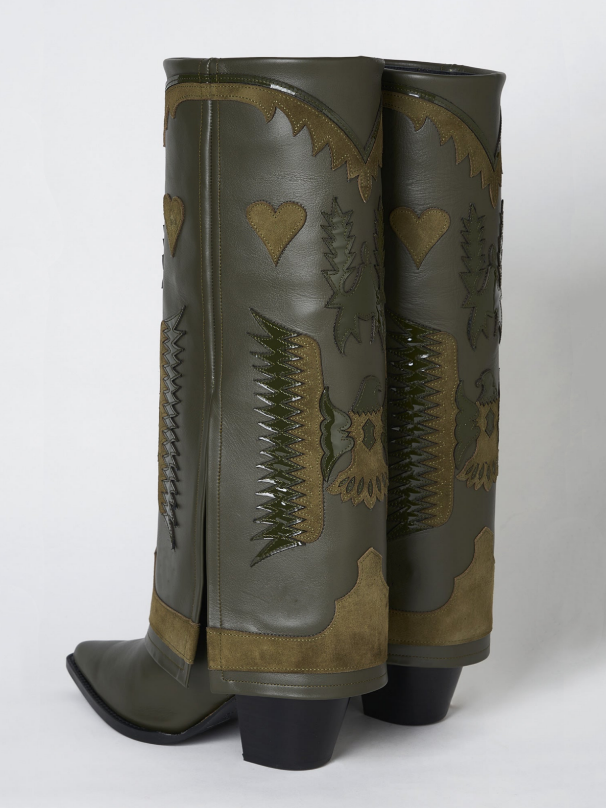 Fold-Over Panel Eagle And Heart Applique Snip-Toe Wide Mid Calf Boots - Khaki