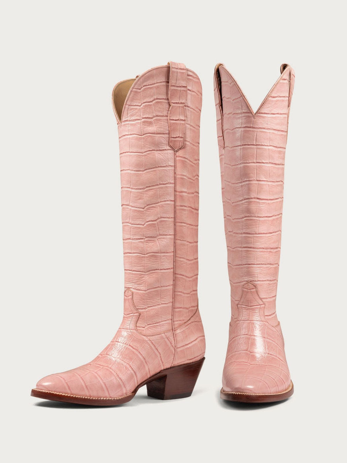 Pink Croco Print Round-Toe Wide Knee High Cowgirl Boots