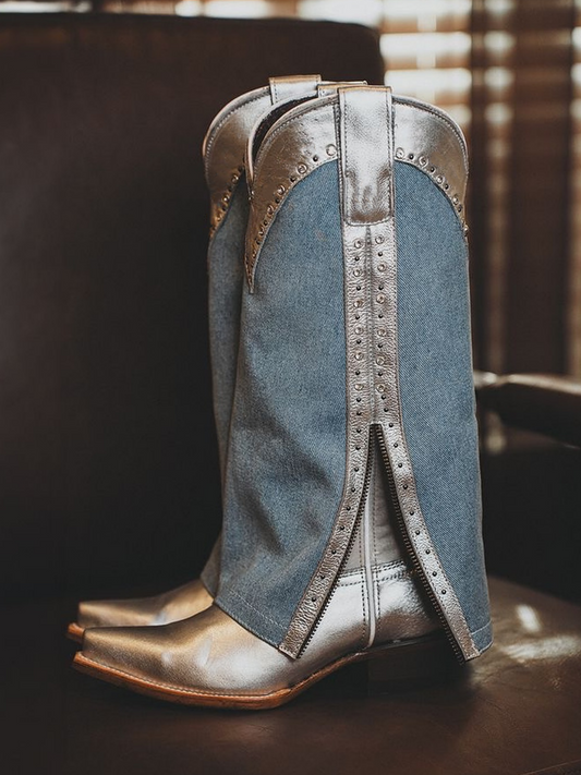 Metallic Silver Fold-Over Blue Denim Rhinestone Studded Half-Zip Mid Calf Tall Cowgirl Boots