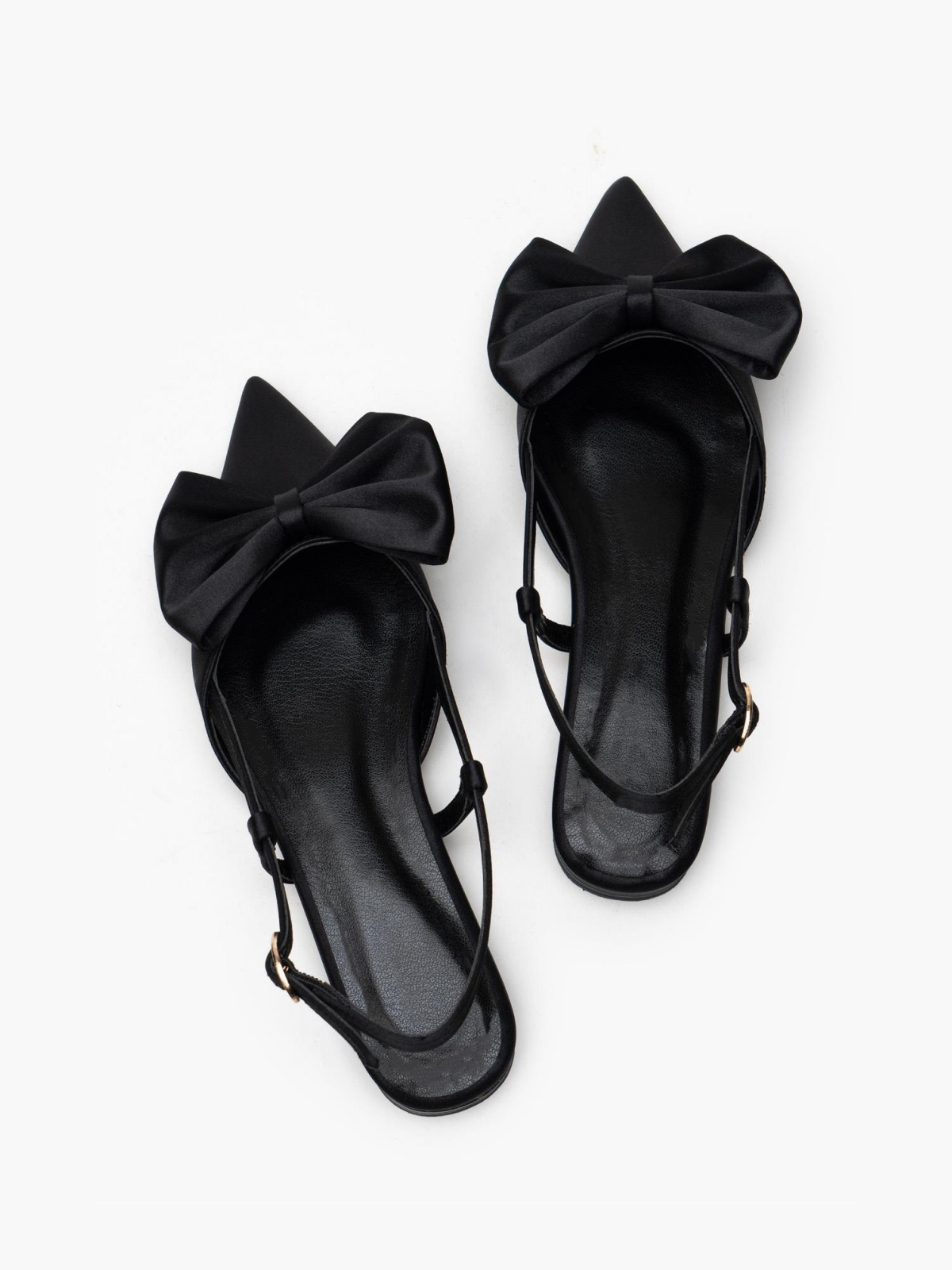 Black Satin Bow Pointy Ballet Flats Slingbacks With Buckled Strap