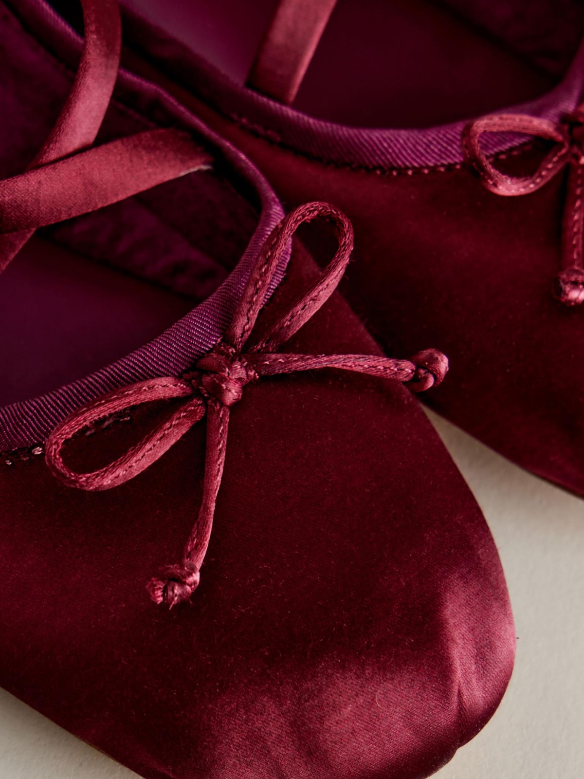 Satin Wine Red Bow Ballerina Flats With Crossed Buckled Strap