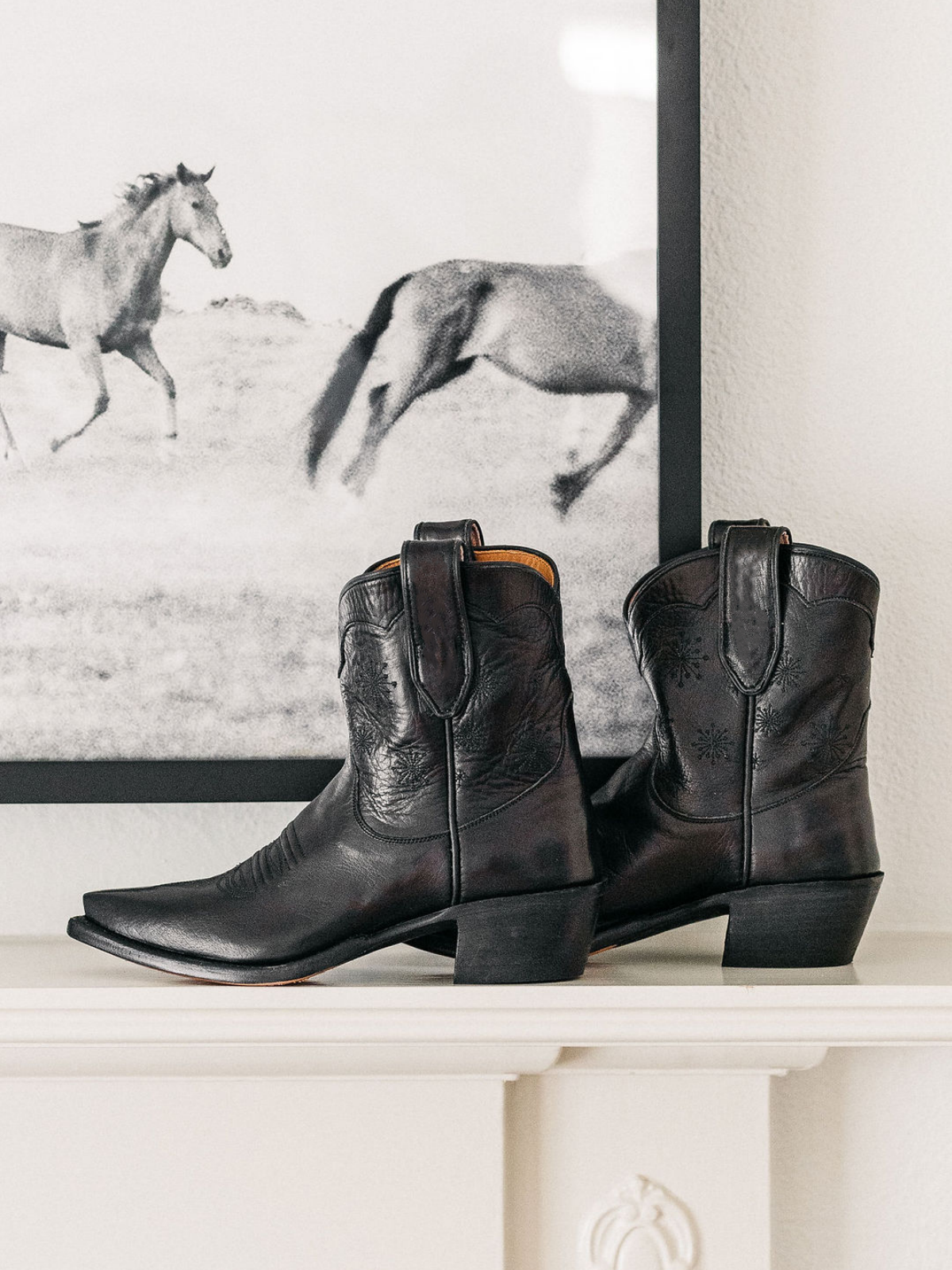 Black Firework Embroidery Snip-Toe Cowgirl Ankle Booties