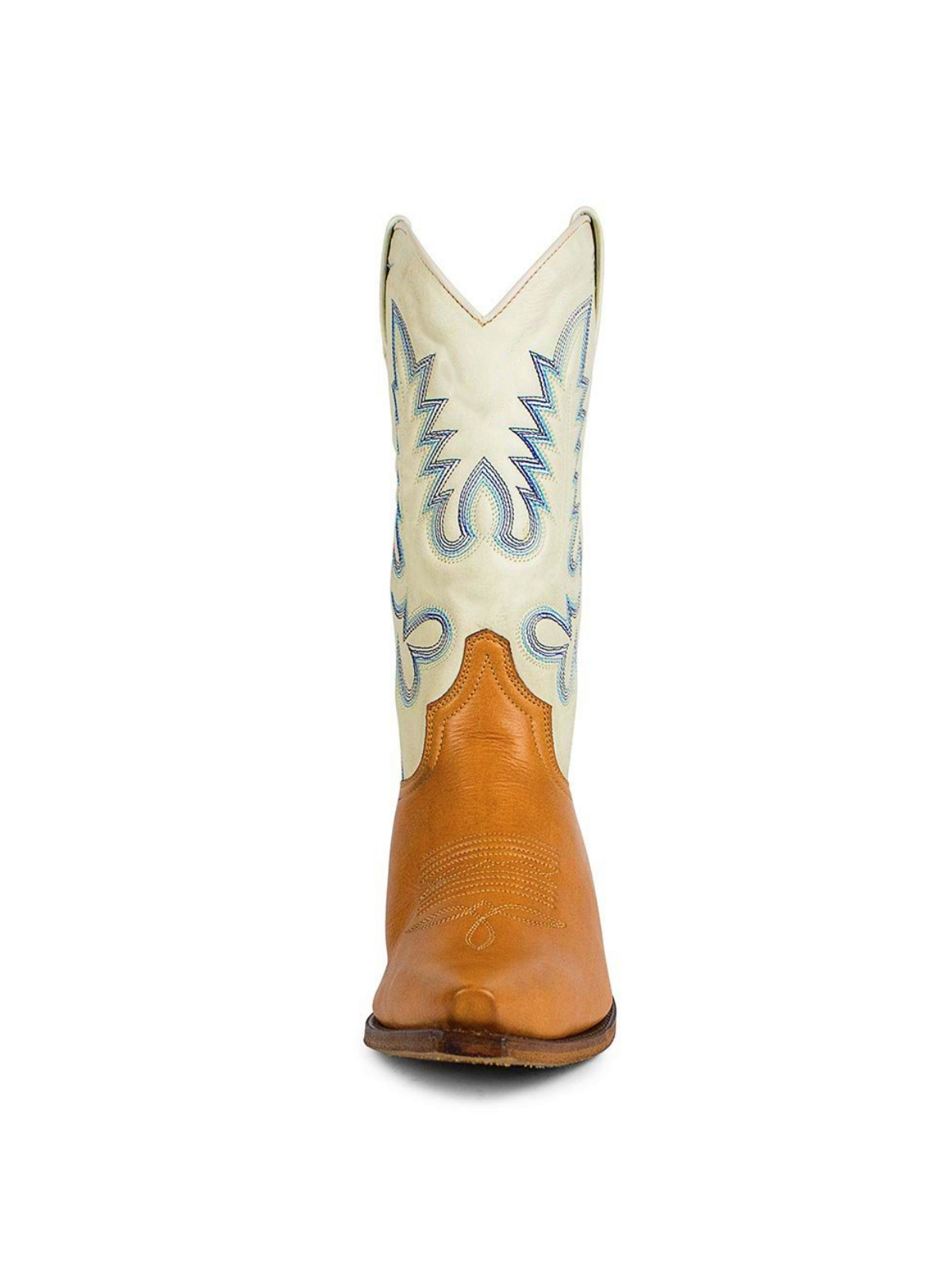 Contrast Brown And Ivory Embroidery Snip-Toe Wide Mid Calf Cowgirl Boots