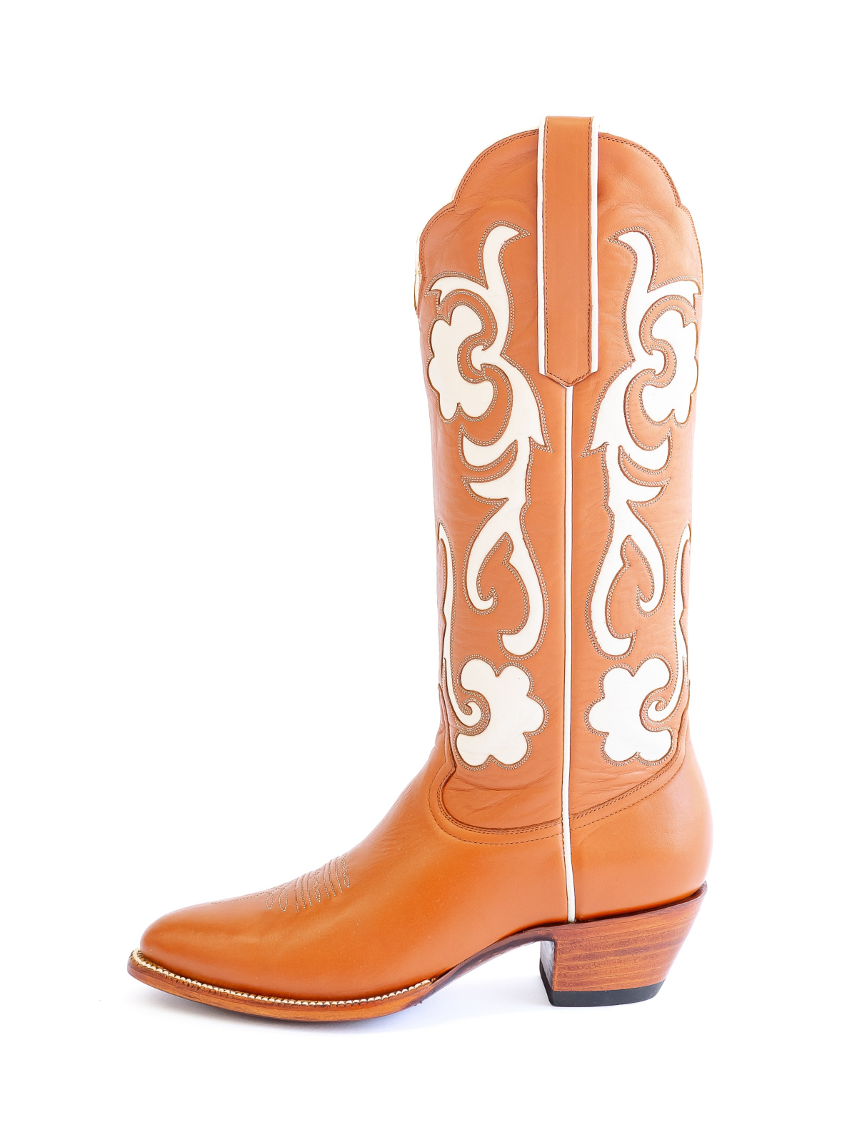 Orange Almond-Toe White Inlay Wide Mid Calf Tall Cowgirl Boots