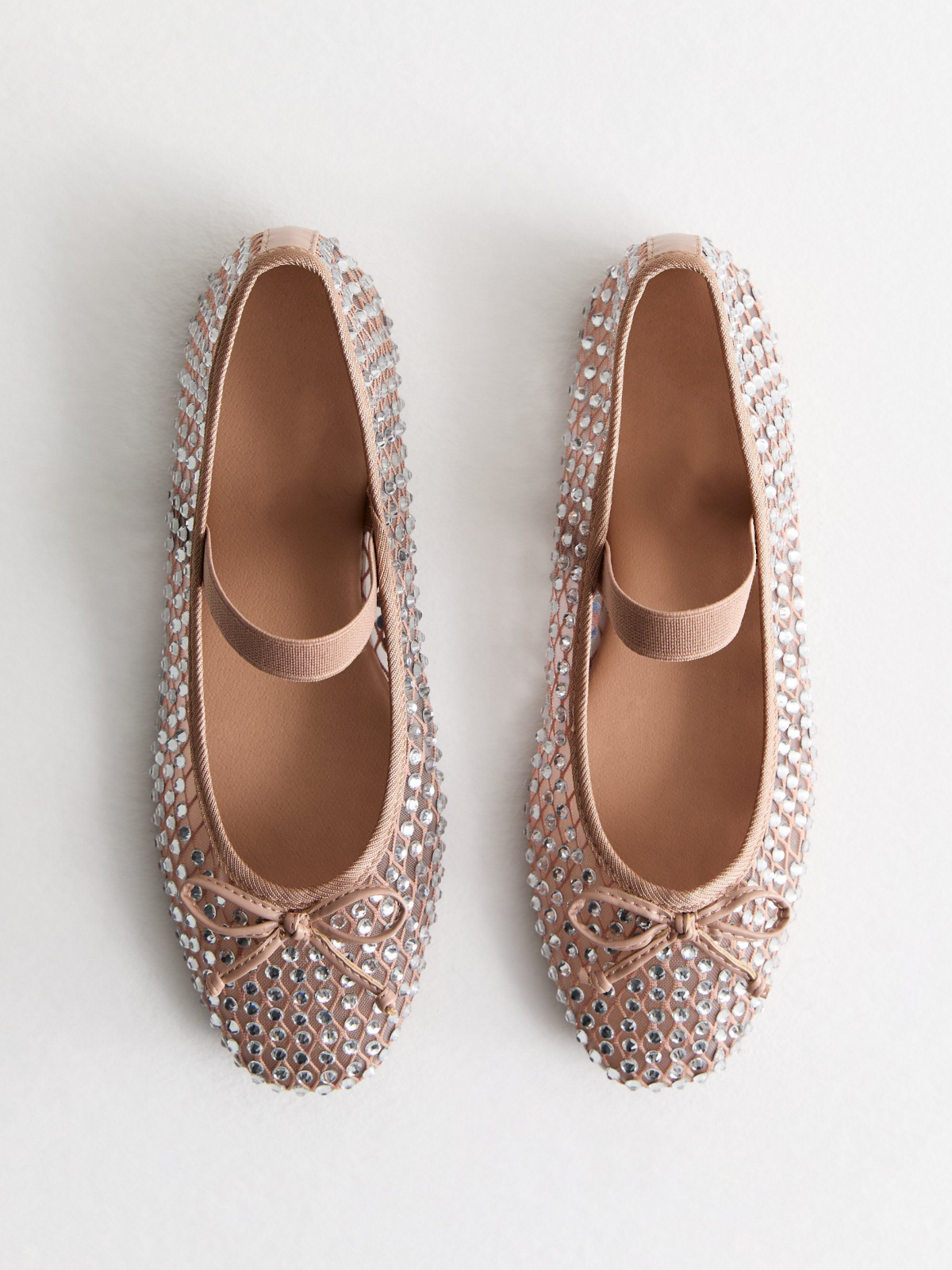 Beige Bow Fishnet Strass Ballet Flats Mary Janes With Full-Embellished Rhinestone