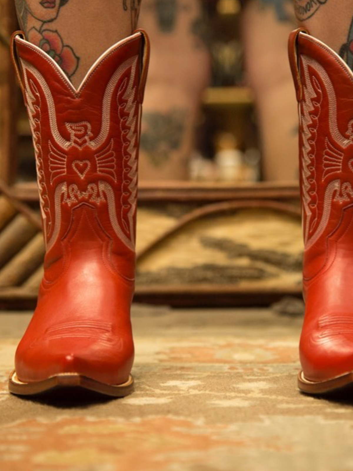 Red Eagle And Heart Embroidery Pointed-Toe Wide Mid Calf Cowgirl Boots