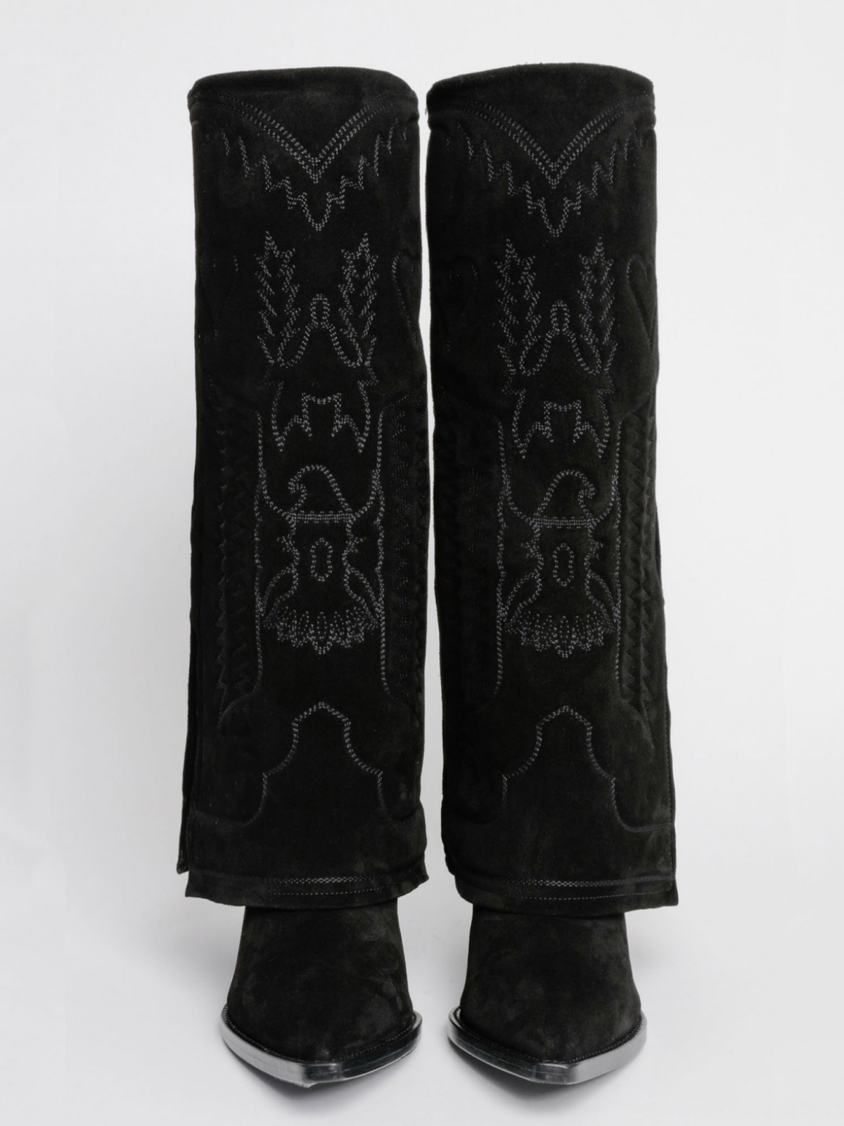 Fold-Over Panel Eagle And Heart Embroidery Snip-Toe Wide Mid Calf Boots - Black Faux Suede