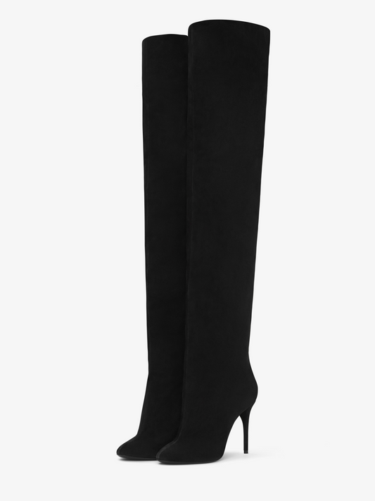 Black Faux Suede Round-Toe Wide Calf Over-The-Knee Stiletto Boots