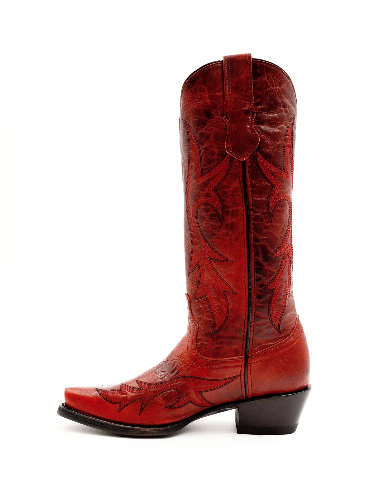 Distressed Red Embroidery Snip-Toe Wide Mid Calf Western Boots Cowgirl Tall Boots