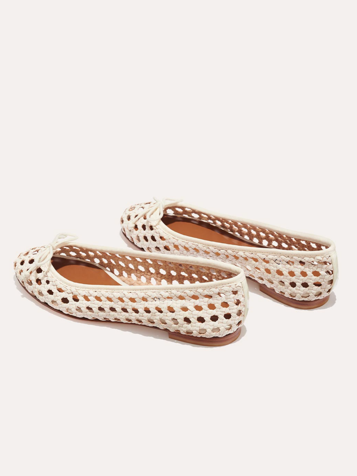 White Woven Bow Hollow-Out Round-Toe Slip-On Ballet Flats