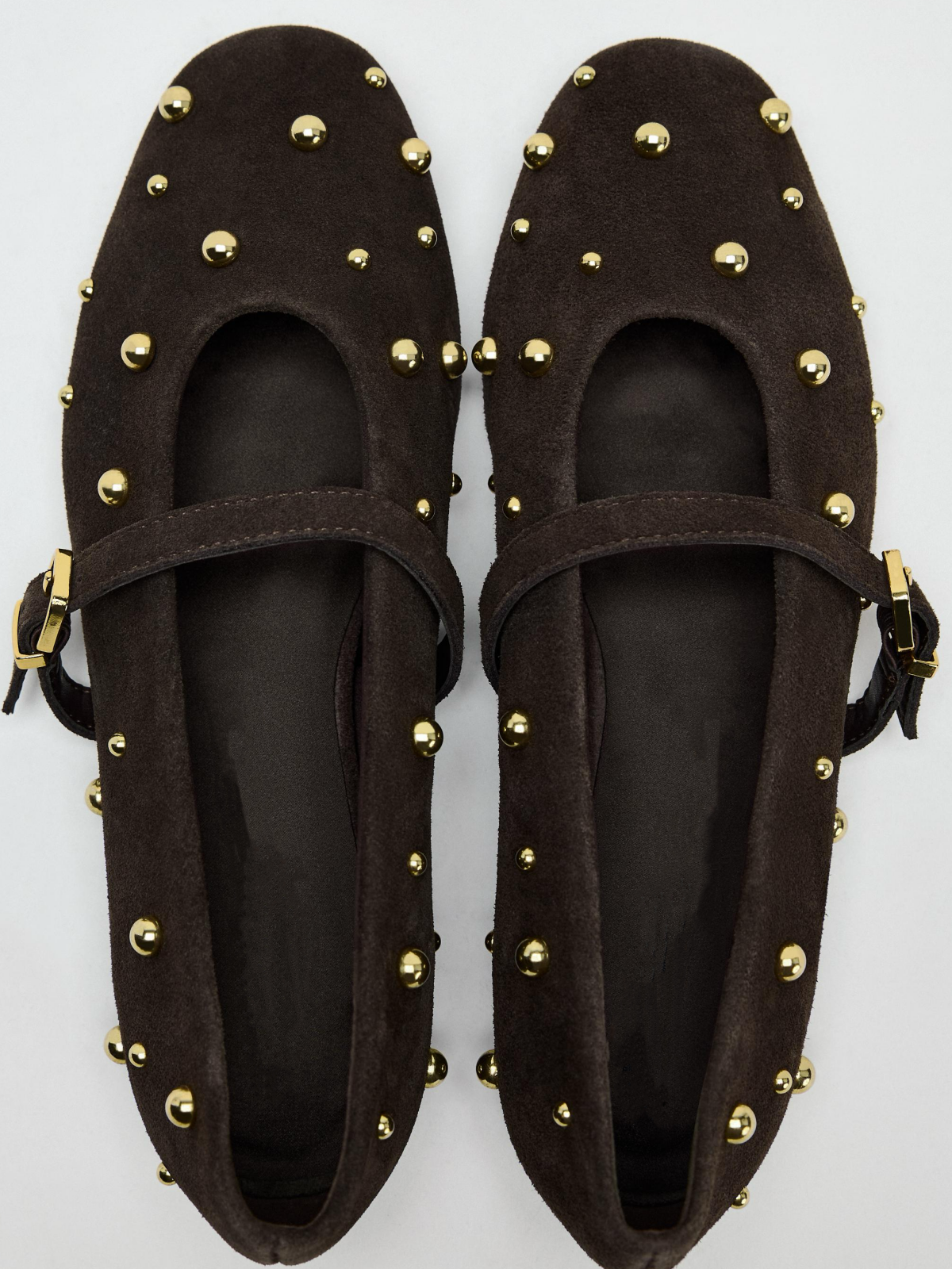 Brown Faux Suede Round-Toe Studded Mary Janes Ballet Flats