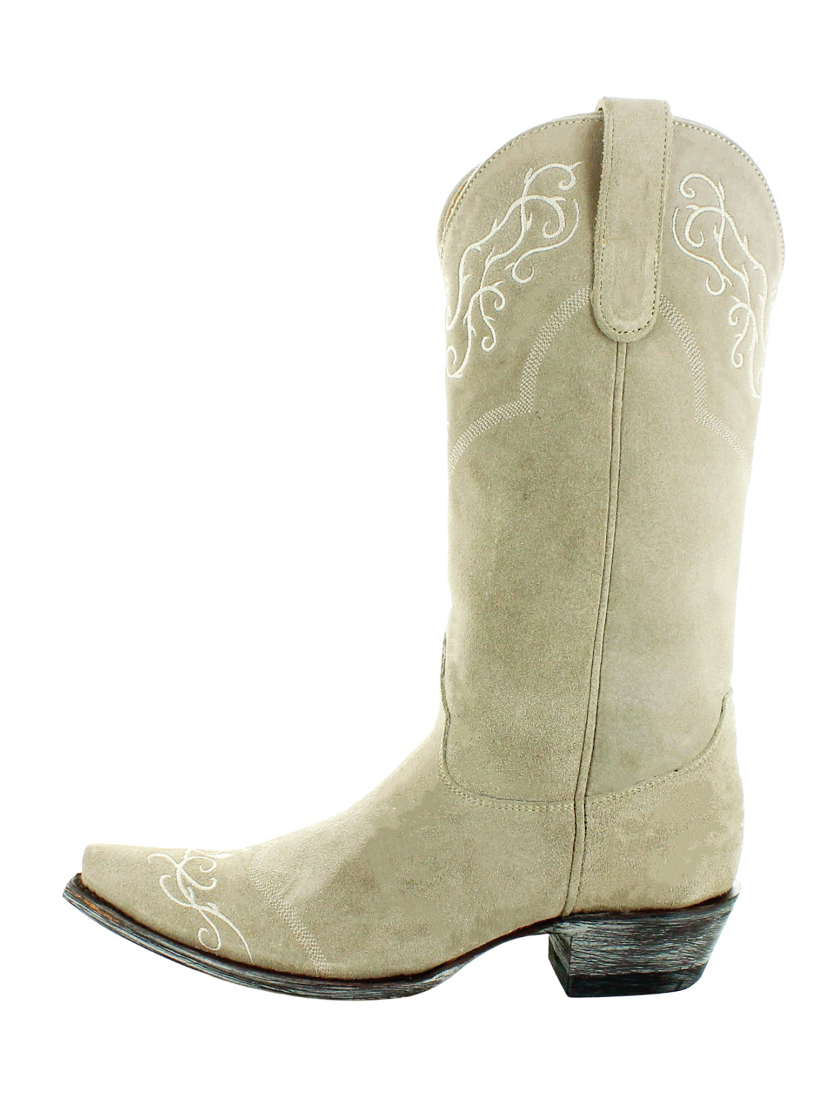 Beige Faux Suede Snip-Toe Embroidery Tall Wide Mid Calf Cowgirl Boots