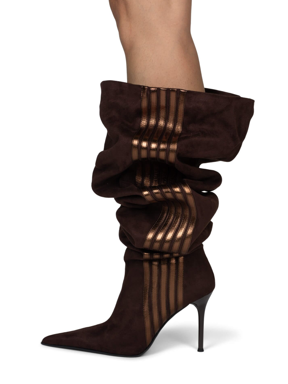 Brown Pointed-Toe Slouchy Wide Calf Over-The-Knee Stiletto Boots With Metallic Stripe