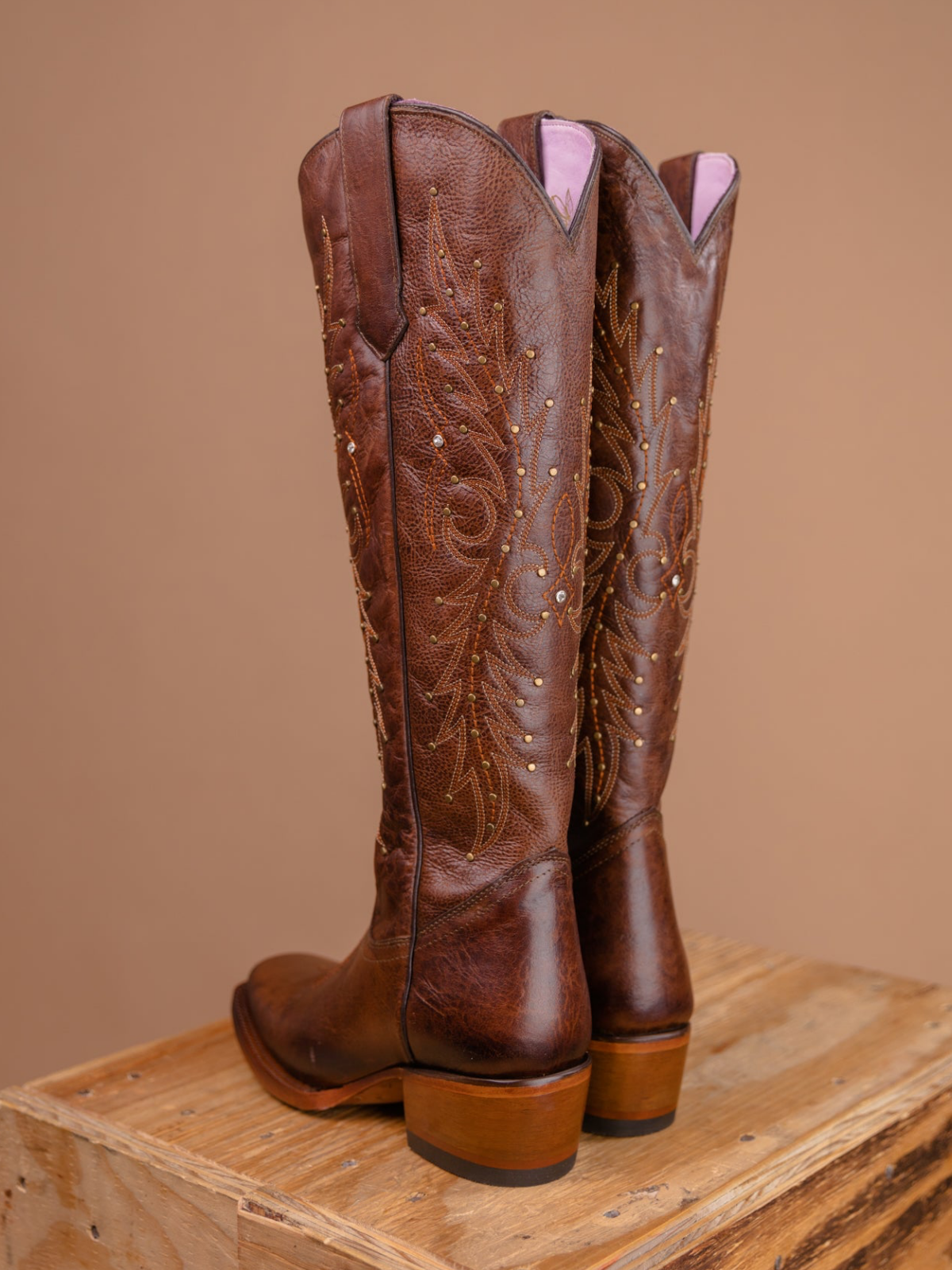 Studded Rhinestone Square-Toe Embroidery Half-Zip Tall Knee High Cowgirl Boots - Maroon