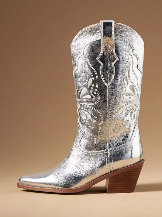 Metallic Silver Crinkle Butterfly Embroidered Wide Calf Cowgirl Boots