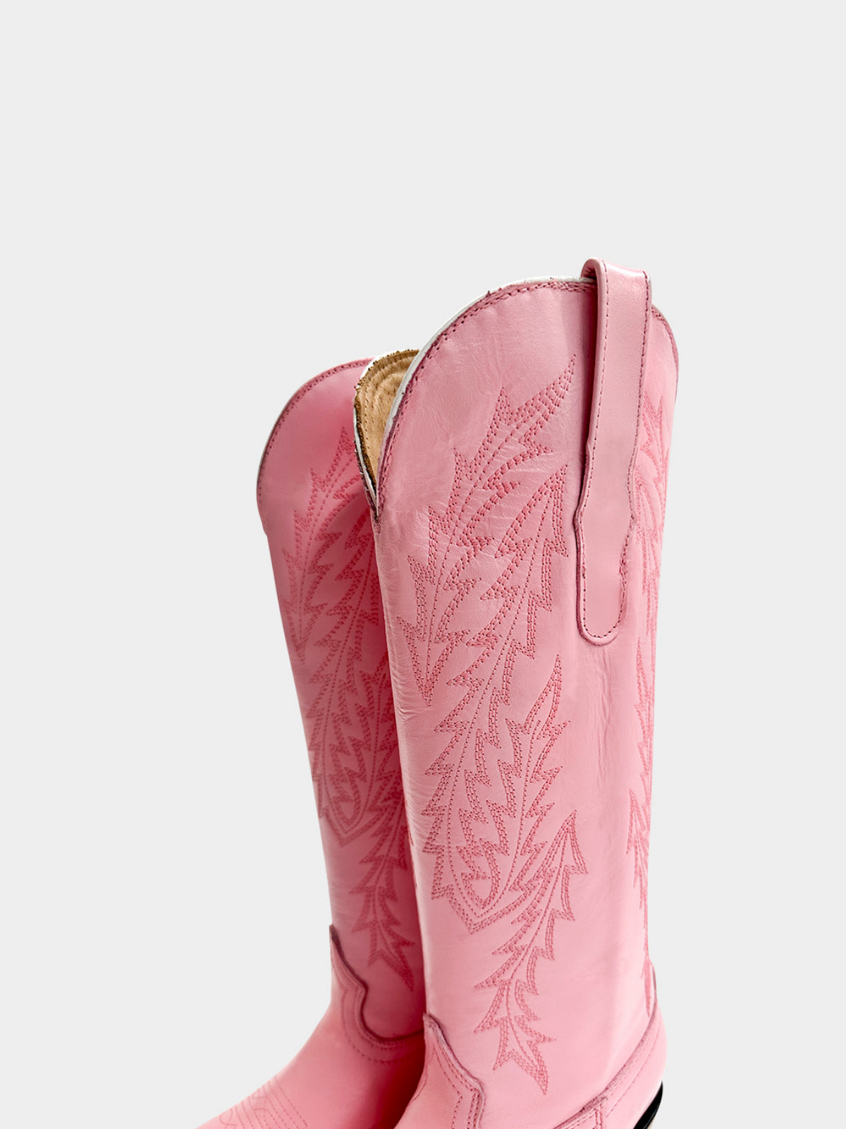 Snip-Toe Leaf Embroidery Half-Zip Mid Calf Tall Cowgirl Boots - Pink