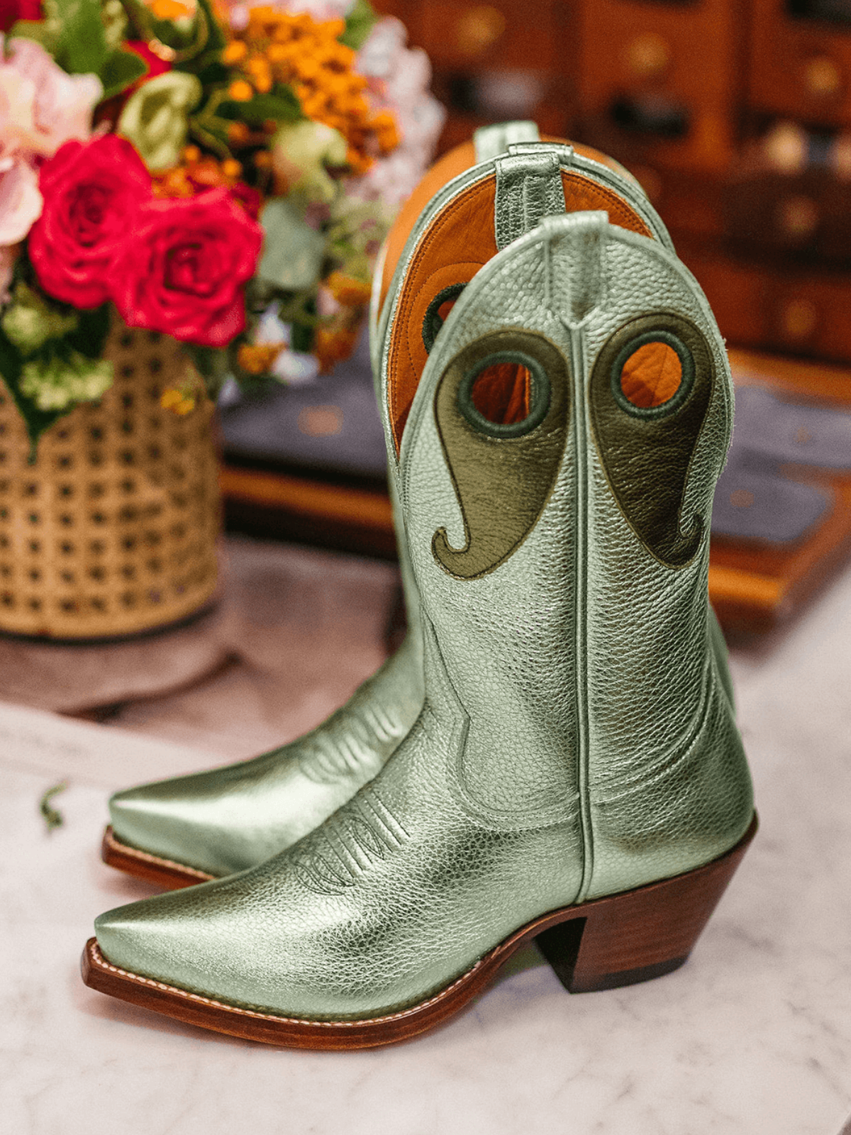 Metallic Green Crinkle Cutout Snip-Toe Wide Mid Calf Cowgirl Boots With Olive Green Paisley