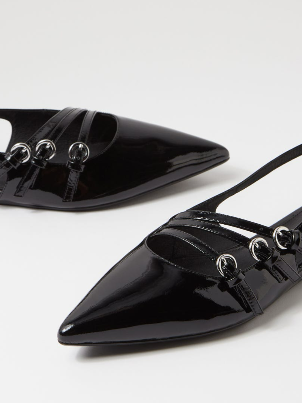 Black Patent Pointed-Toe Flats With Buckled Slingback