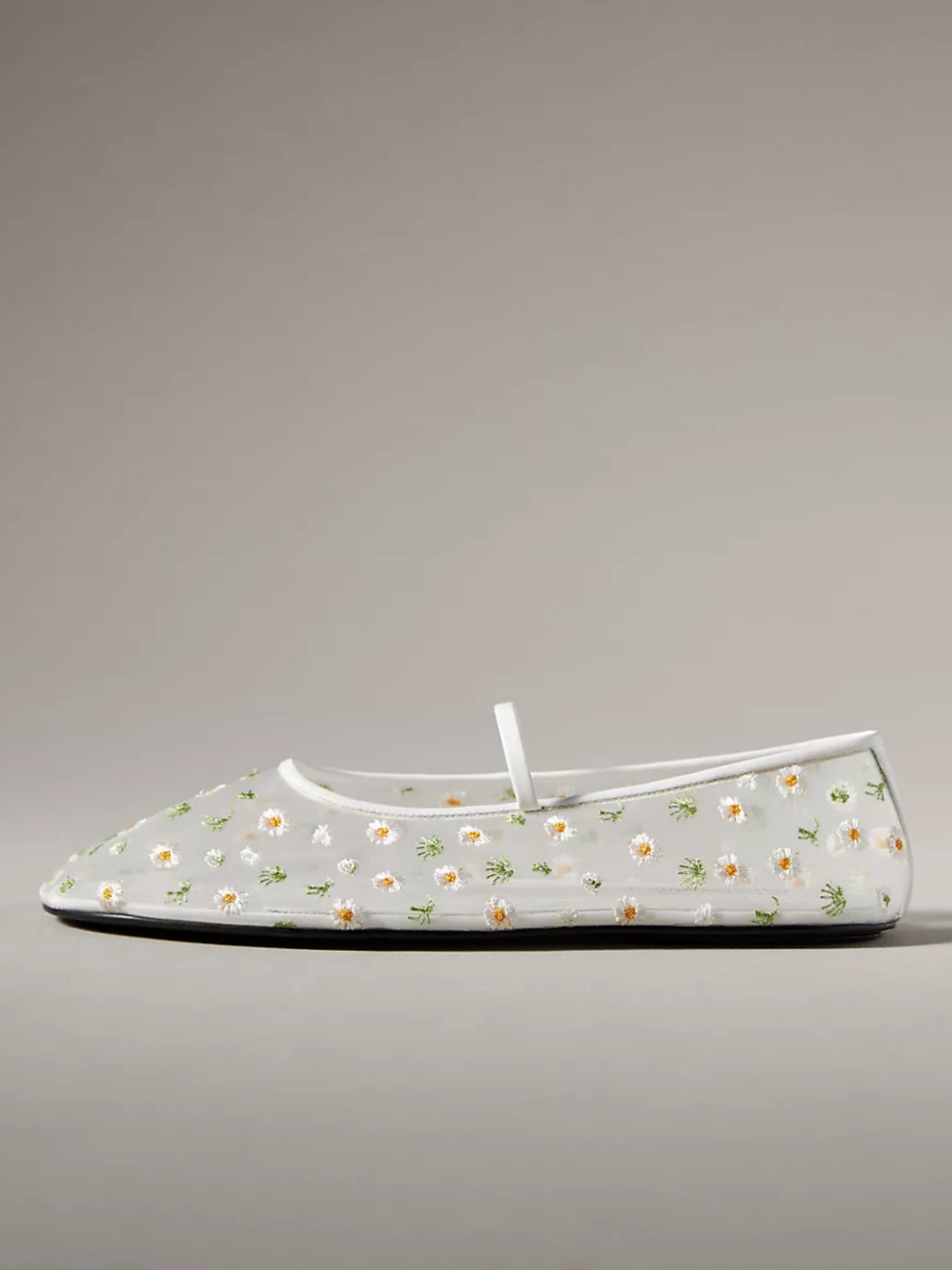 White Mesh Ballet Flats Mary Janes With Orange Floral Embroidery