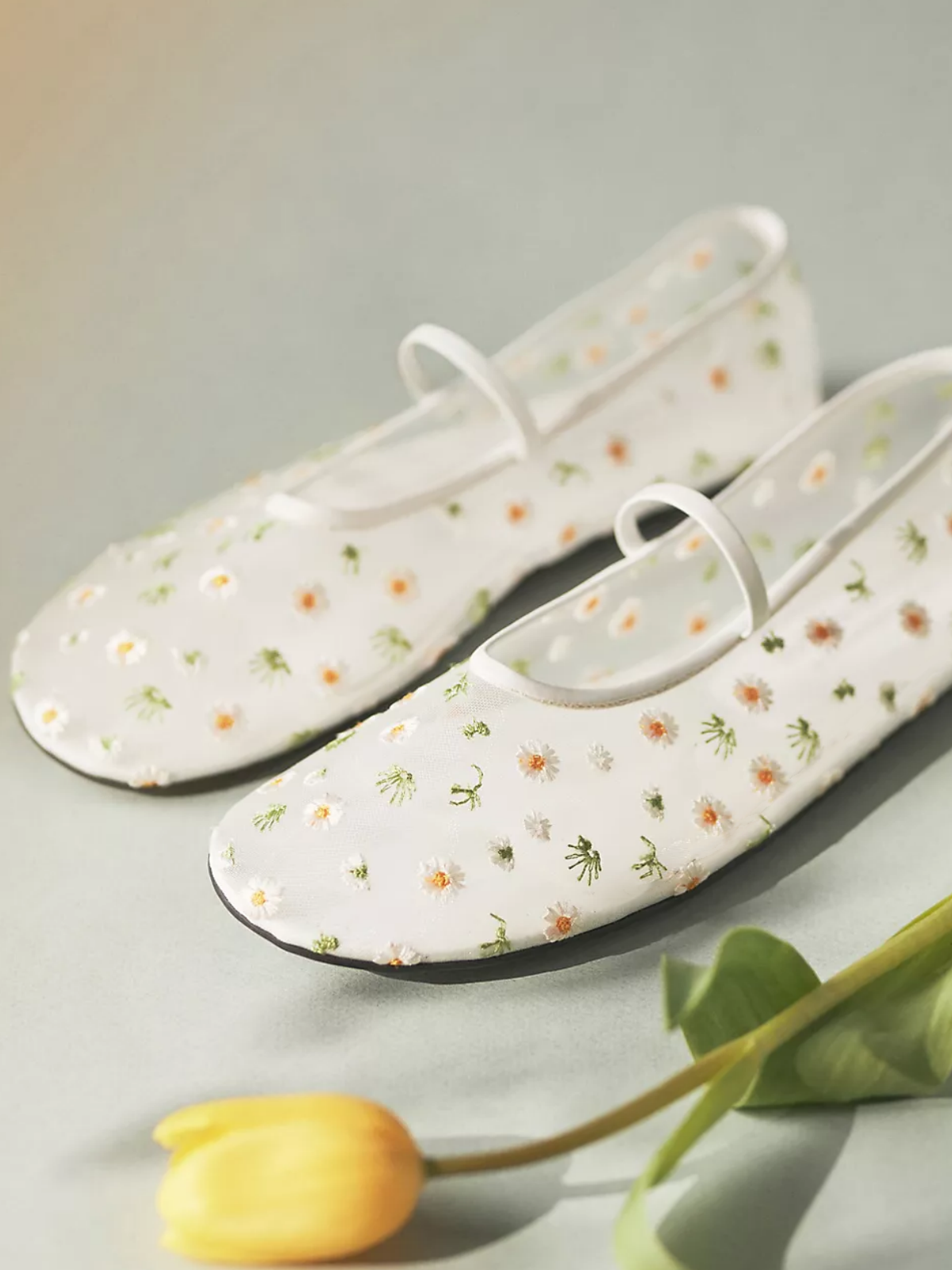 White Mesh Ballet Flats Mary Janes With Orange Floral Embroidery