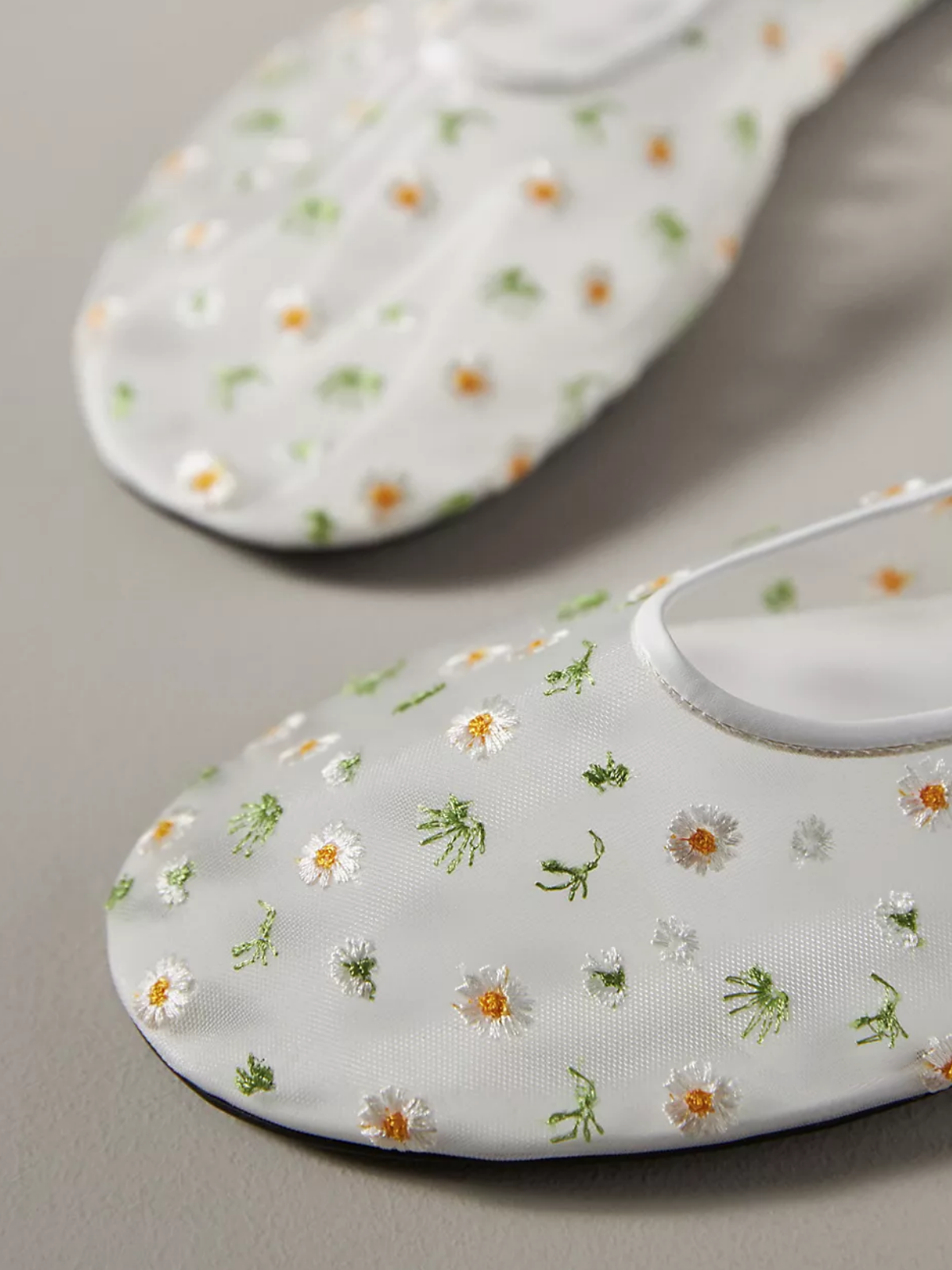 White Mesh Ballet Flats Mary Janes With Orange Floral Embroidery