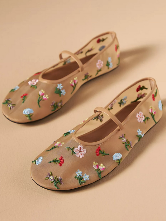 Beige Mesh Ballet Flats Mary Janes With Multi-Colored Floral Embroidery