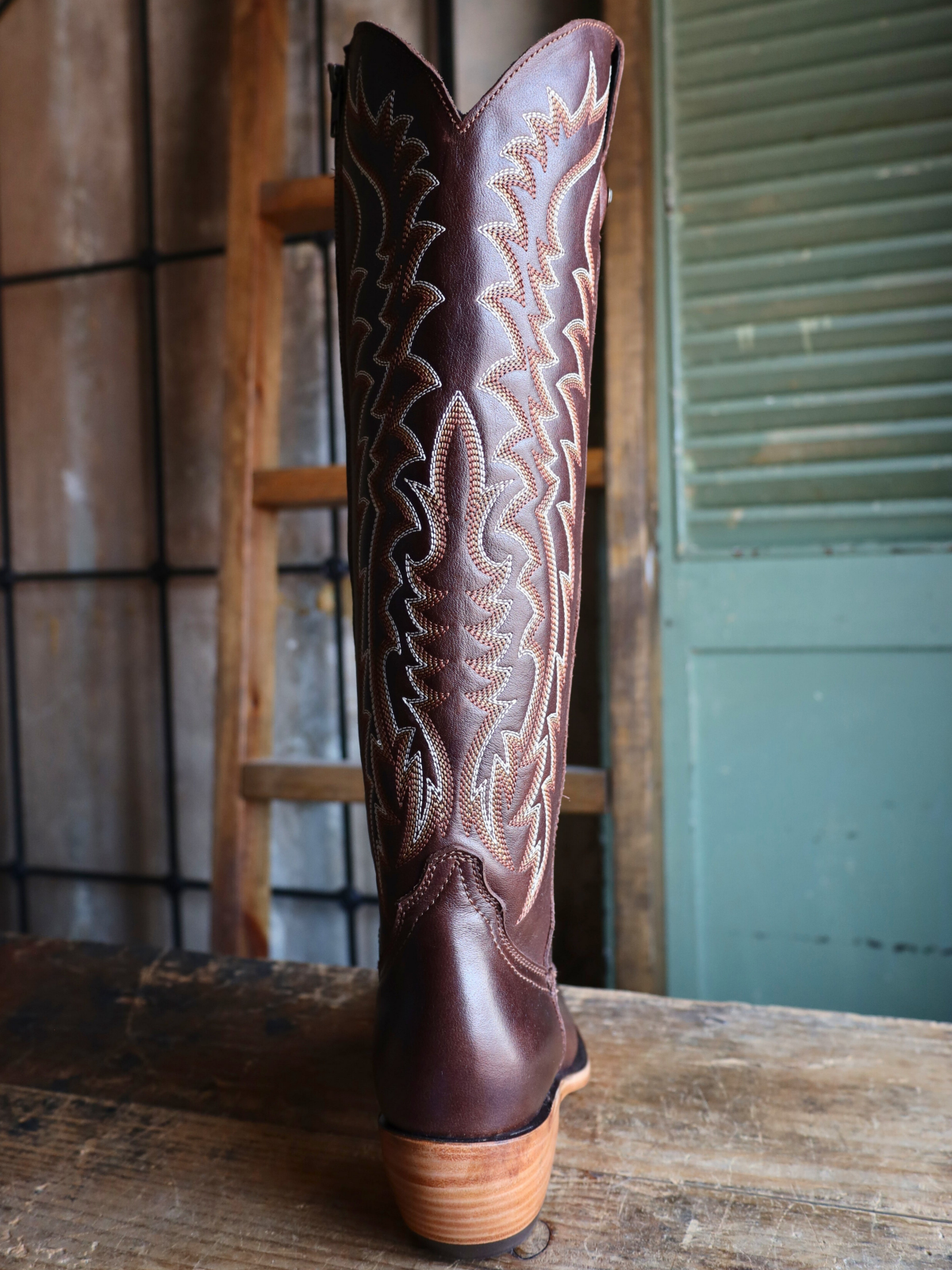 Full-Zip Almond-Toe Classic Embroidery Tall Knee High Cowgirl Boots - Chocolate