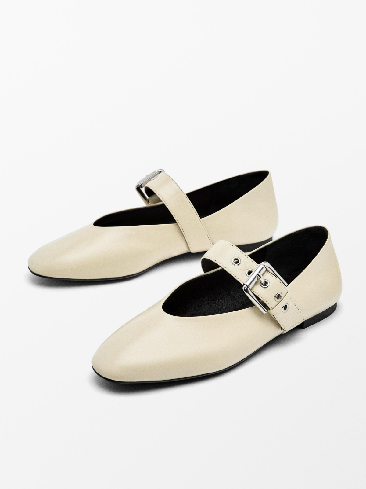 Cream Square-Toe Bridge Strap Side Buckle Mary Janes Ballet Flats