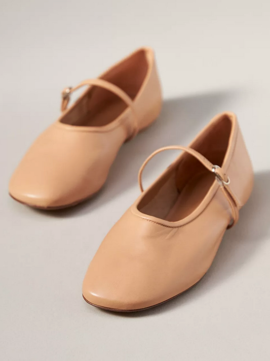 Beige Round-Toe Flats Mary Janes With Thin Buckled Strap