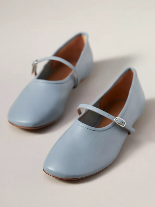 Blue Round-Toe Mary Janes Flats With Thin Buckled Strap