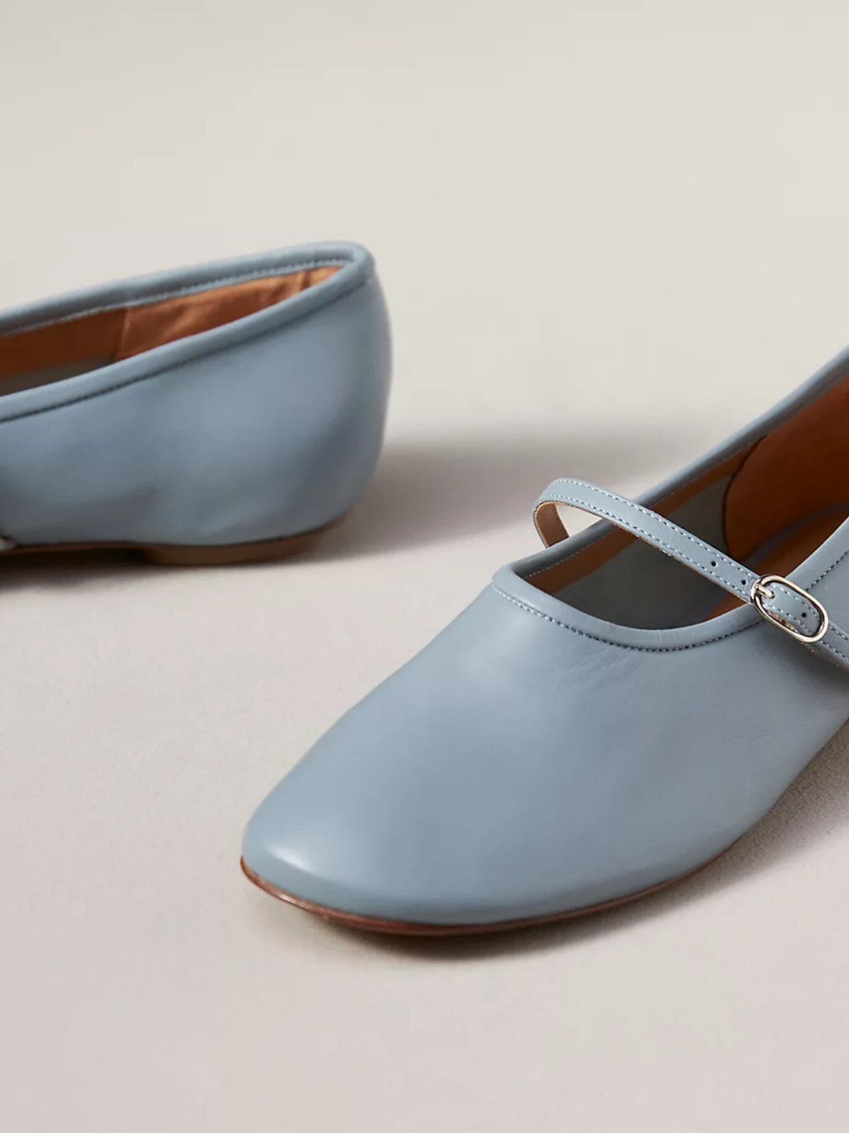 Blue Round-Toe Mary Janes Flats With Thin Buckled Strap