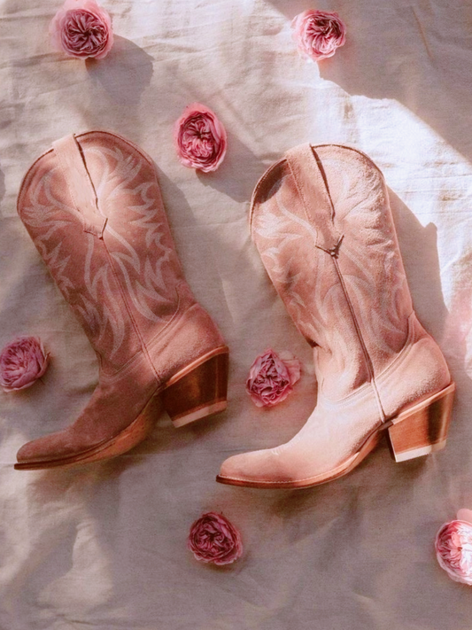 Faux Suede Wings Embroidery Pointed-Toe Wide Mid Calf Tall Cowgirl Boots - Blush Pink