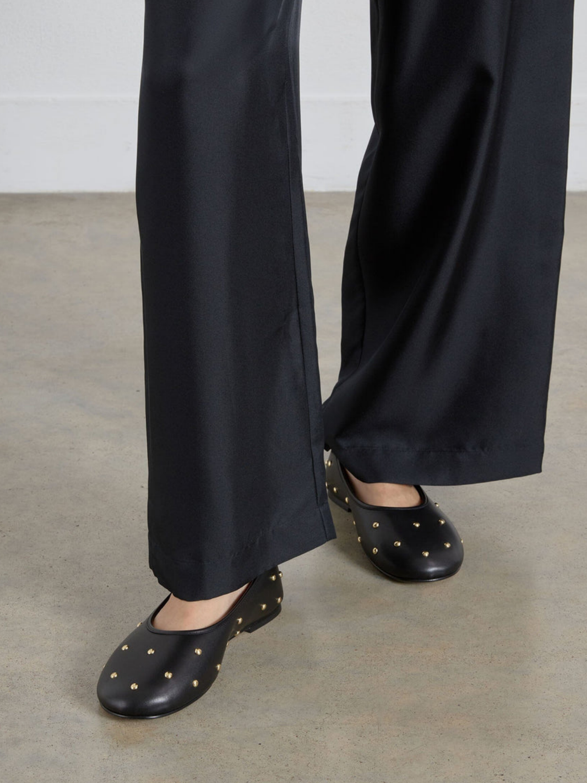 Black Vegan Leather Round-Toe Ballet Flats With Gold Studs