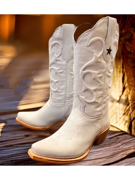 White Snip-Toe Padded Wide Mid Calf Tall Cowgirl Boots