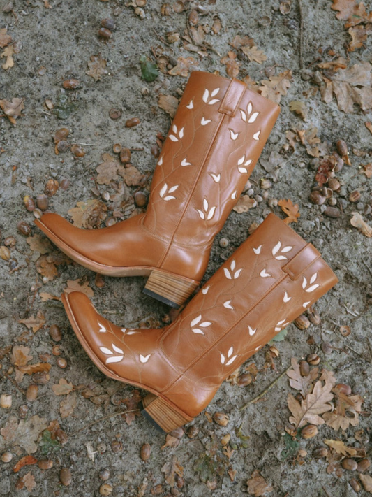 Brown Round-Toe Leaf Inlay Wide Mid Calf Cowgirl Boots